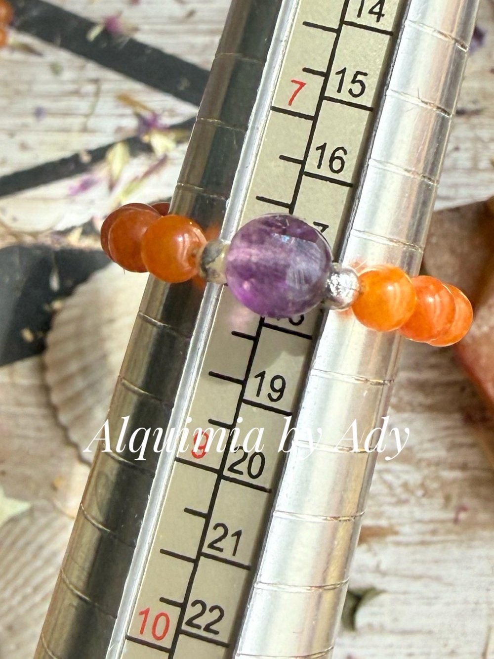 Orange Carnelian Bead Ring with Purple Amethyst Center